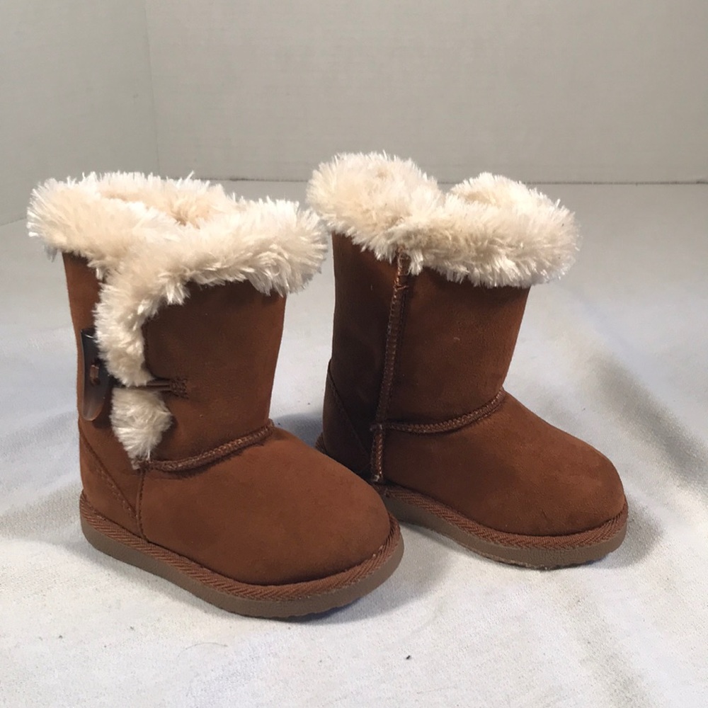 Toddler Girls Chestnut Brown faux Suede and Fur Tall Pull On Fashion Boots